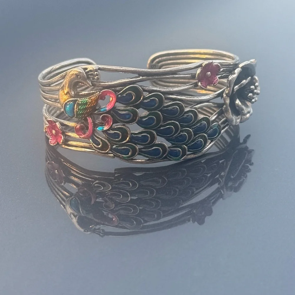 Sterling Silver Peacock Bangle Bracelet Cuff